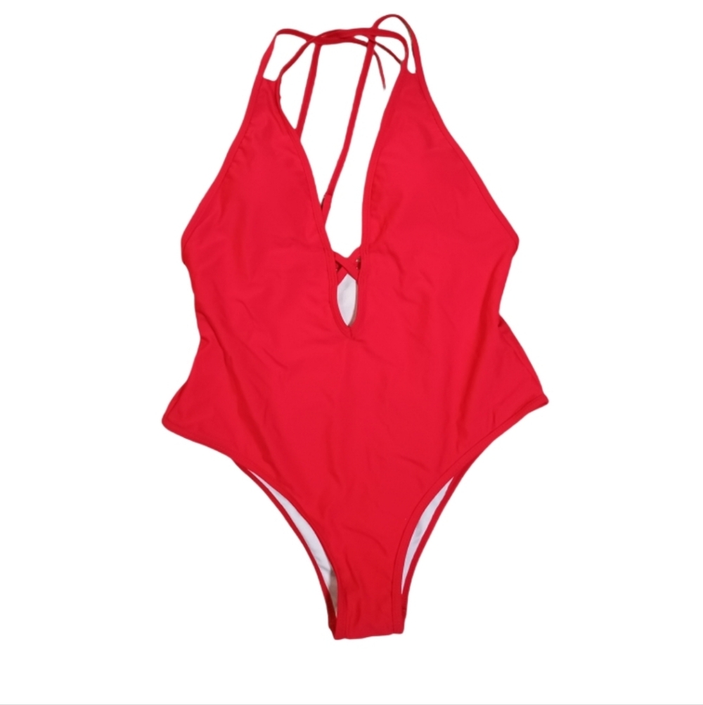 SHEIN Bright Red Strappy One-Piece Swimsuit